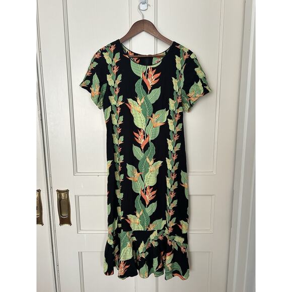 Vintage Hilo Hattie Floral Tropical Midi Dress Womens Size Medium Black Vacation - Picture 1 of 5